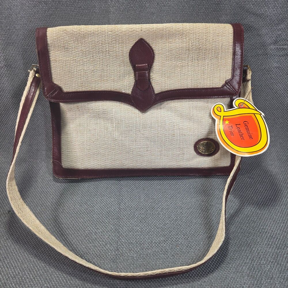 Vintage 70s Linen Leather Purse, Slender Shoulder Bag with Interior Zip Pocket